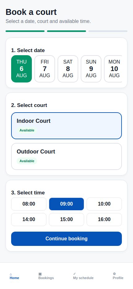 Anonymized court booking workflow